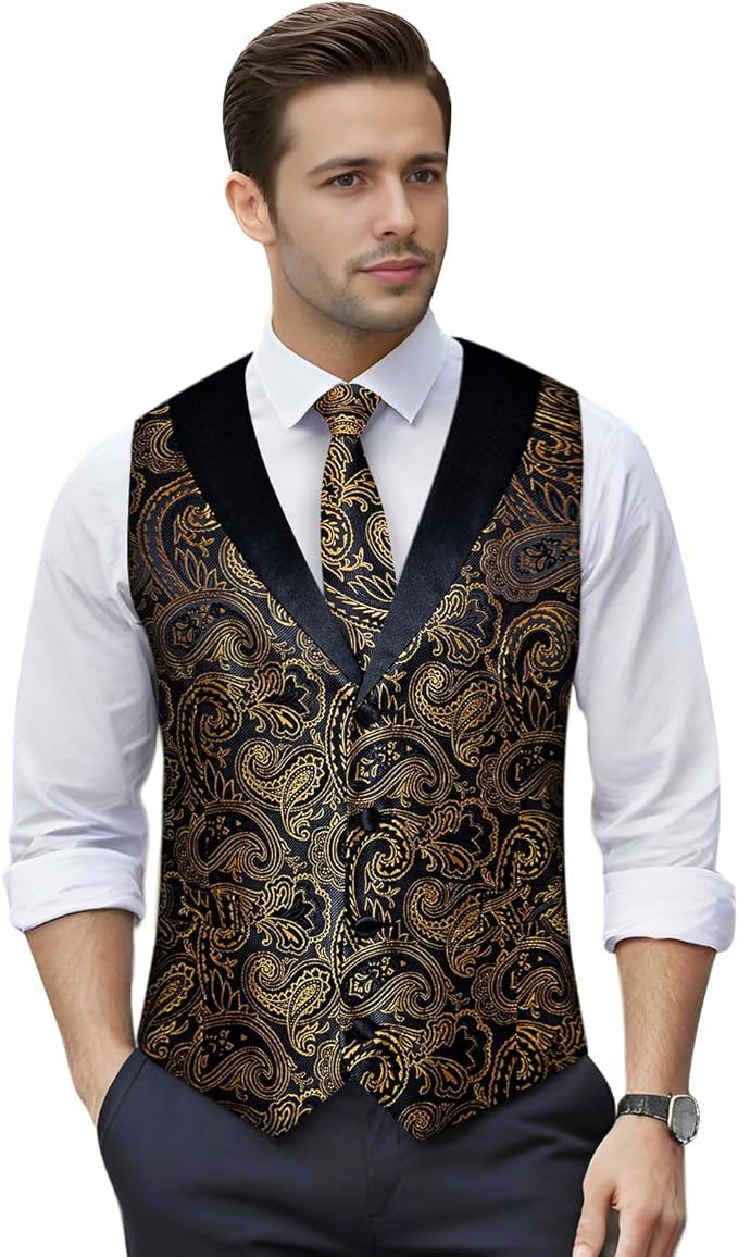 DiBanGu Mens Paisley Suit Vest Silk Jacquard Waistcoat and Necktie Set Formal Shawl Collar Dress Vest 7PCS for Wedding Party