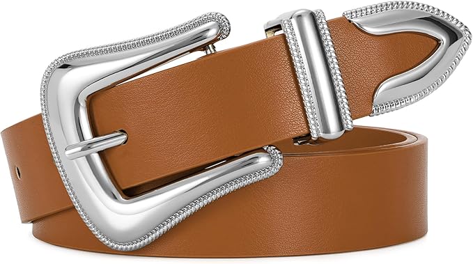 Genuine Leather Belt for Women - Silver Buckle Strap for Jeans & Dresses