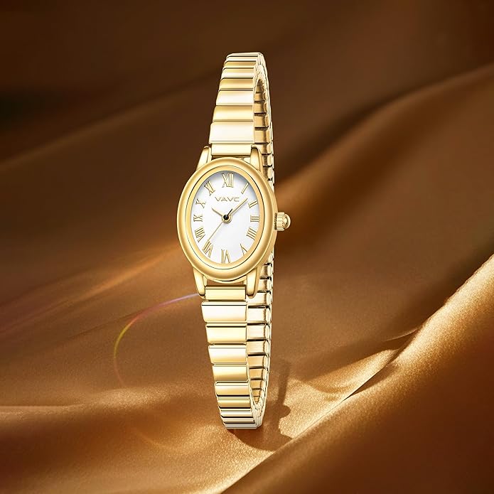 Small Gold Watches for Women,Analog Womens Watch with Stainless Steel Expansion Band,Oval Case Roman Dial,Water Resistant