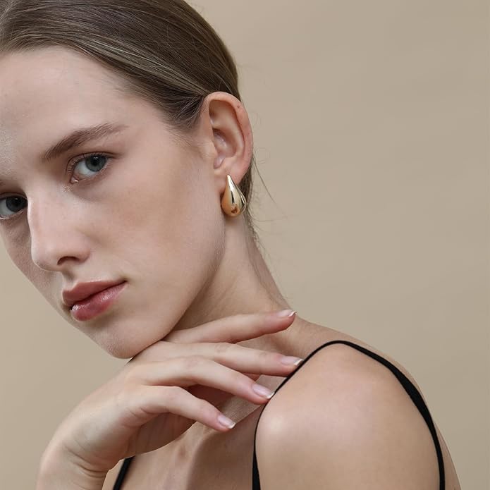 Apsvo Chunky 14K Gold Plated Hoop Earrings for Women, Lightweight Waterdrop Hollow Open Hoops, Hypoallergenic Dupes Earrings