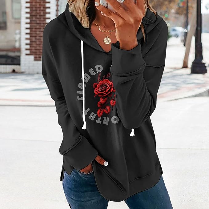 Women's Brown Mandala Print Hoodie Long Sleeve Loose Fit Tunic Top with Drawstring Side Split for Fall Winter