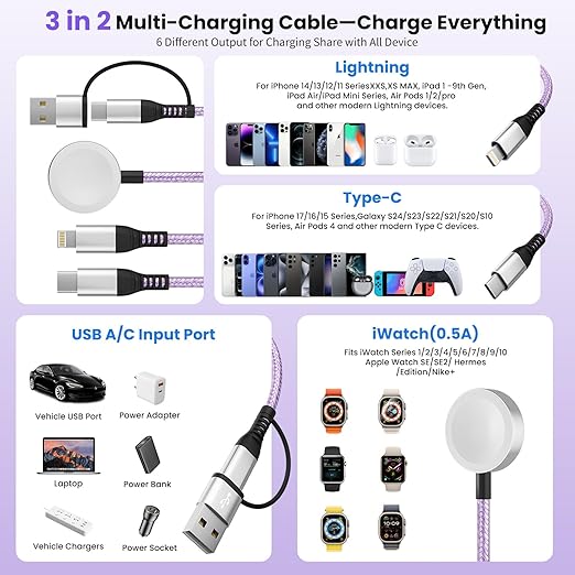 Travel Essentials, 3 in 2 USB A/C Cable to iPhone 17 Charger/Apple Watch Charger/Lightning, Braided Multi Charging Cable Cord, RV Camping Essentials, Designed for iWatch Series & iPhone17-11/iPad-5FT
