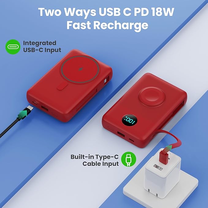 Magnetic Portable Charger for iPhone with Built-in Cables, 6-in-1 10800mAh Power Bank with iWatch Charger & LCD Display,25W Fast Charging Battery Pack for iPhone 17/16/15/14/13/12,Apple Watch (Red)