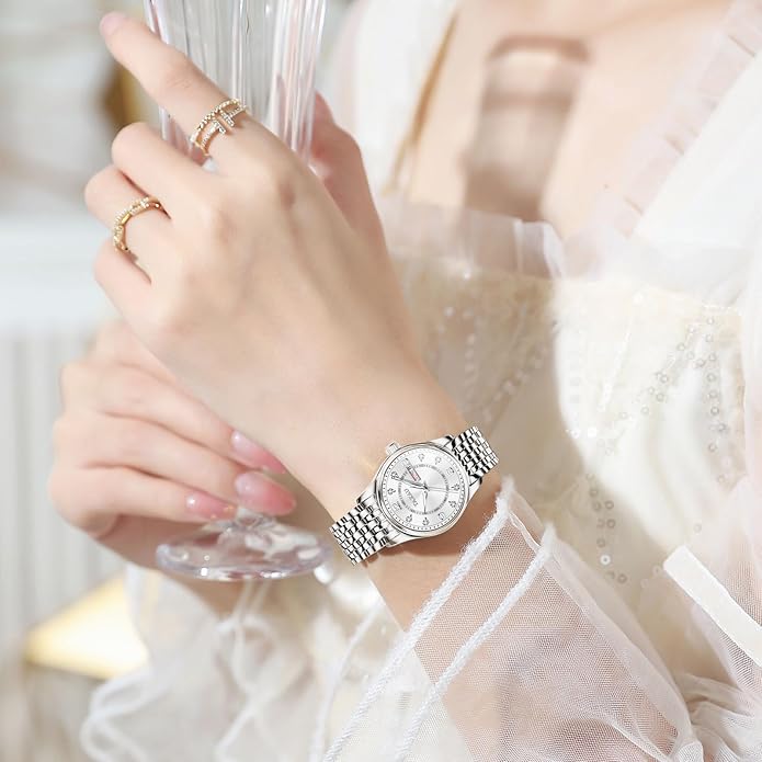 Womens Watch Fashion Dress Waterproof Silver Watches for Women Casual Easy Read Quartz Analog Women's Watch Two Tone Stainless Steel Ladies Watches with Day Date