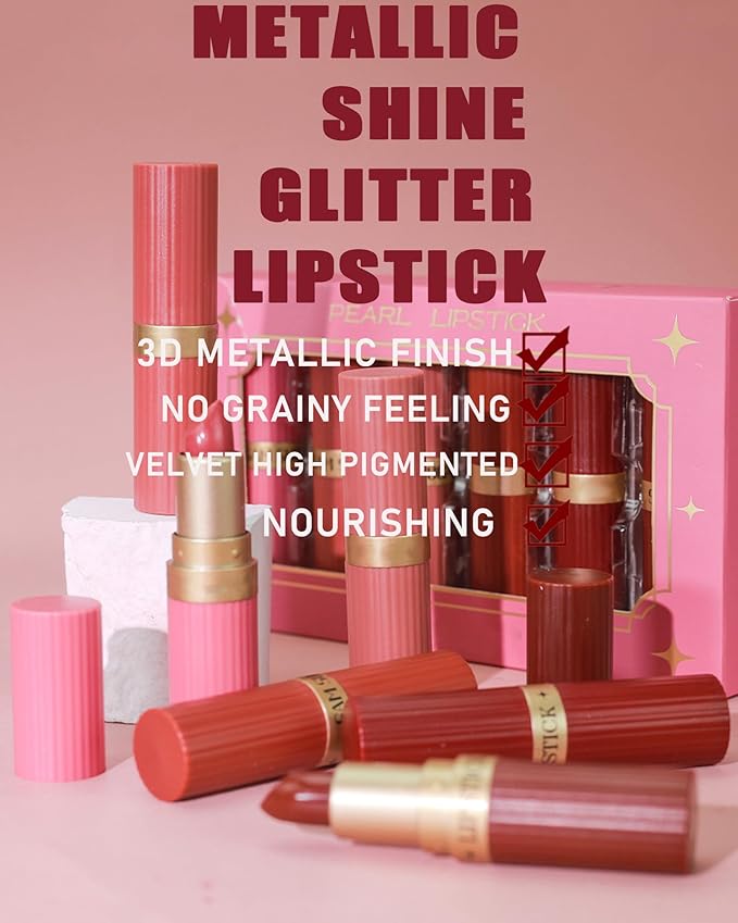 Sparkling Glitter Lipstick Set,6 Pcs Shimmer Nude Pink Brown Dark Rose Red Lip Gloss for Women Long Lasting Waterproof Metallic Diamond Shiny Lipstick Non-Stick Lipgloss Lip Color labiales Makeup Gift