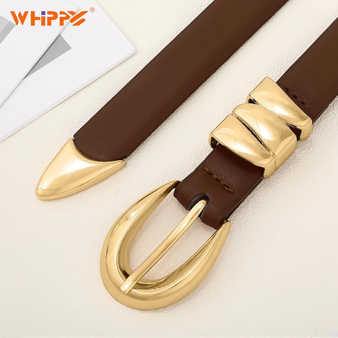 WHIPPY Women Skinny Leather Belt for Jeans Pants Dresses Ladies Fashion Waist Belt with Shiny Gold Buckle
