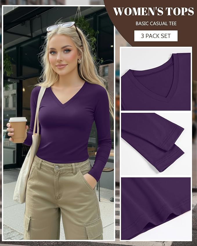 Ficerd 3 Pack Women's Long Sleeve Shirts, V Neck Basic Tees Slim Fitted Casual Fall Tops Going Out Blouses T Shirts