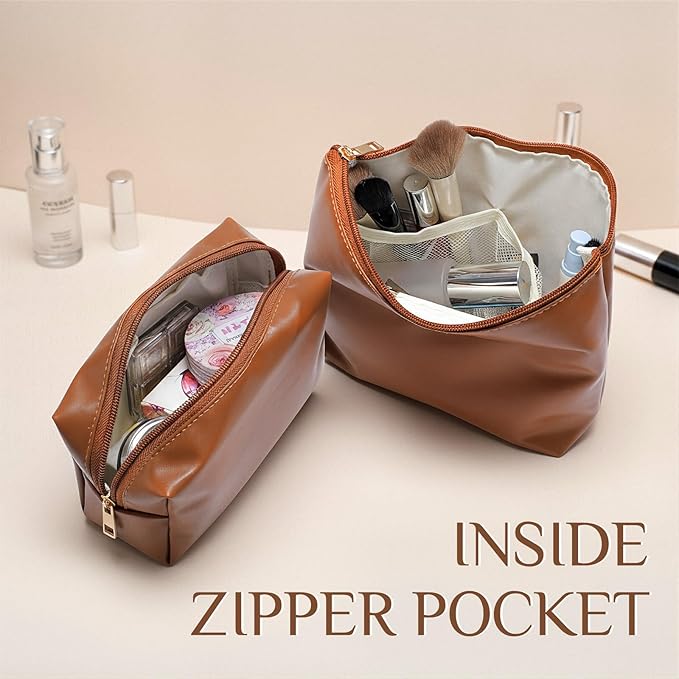 Kigeli 2 Pcs PU Leather Makeup Bag Set for Women Aesthetic Cosmetic Bag Small Toiletry Travel Pouch for Purse Emergency Skincare Organizer Valentine Gifts for Bridesmaid Birthday(Brown)