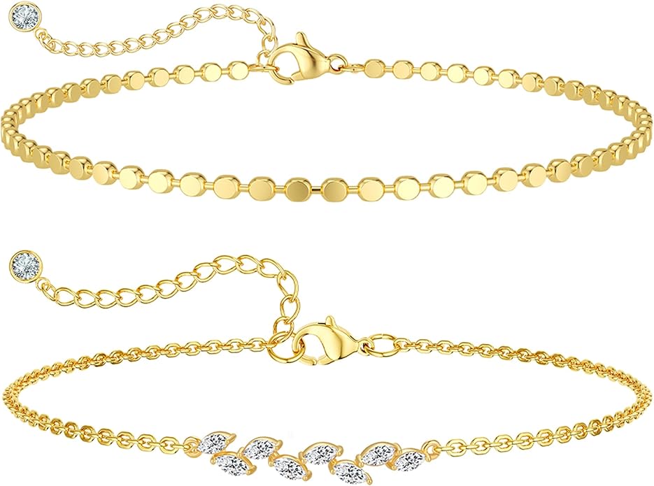 MIDEEO Bracelets for Women Dainty Layered Herringbone Twisted Rope Chain Bracelets Set Layering Dot CZ Leave Beaded Bracelets Dainty Cubic Zirconia Tennis Chain Bracelet Jewelry Gifts