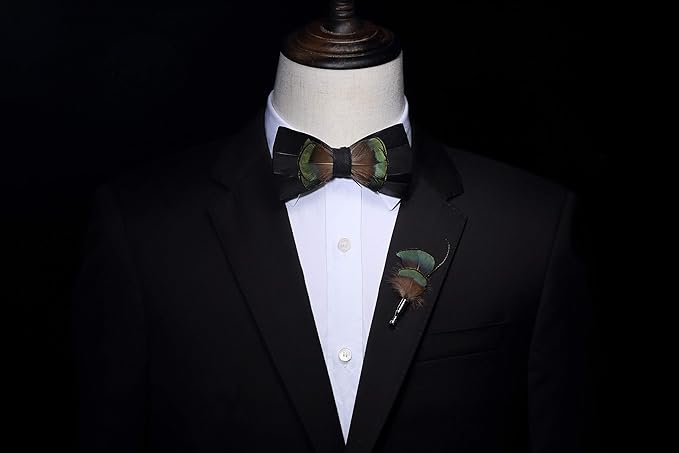 RBOCOTT Handmade Feather Pre-tied Bow tie and Brooch Sets for Men