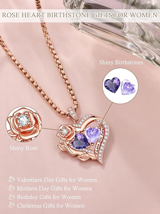 Rose Heart Necklaces for Women, Rose Gold Forever Love Jewelry with 2 Birthstones Pendant, Christmas Anniversarry Birthday Gifts for Her Wife Mom Grandma, 18+2 Inch Chain