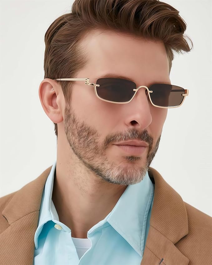 Retro Y2k Sunglasses for Women Men,Trendy Semi-Rimless Sun Glasses Irregular Narrow Gold Sunnies UV400