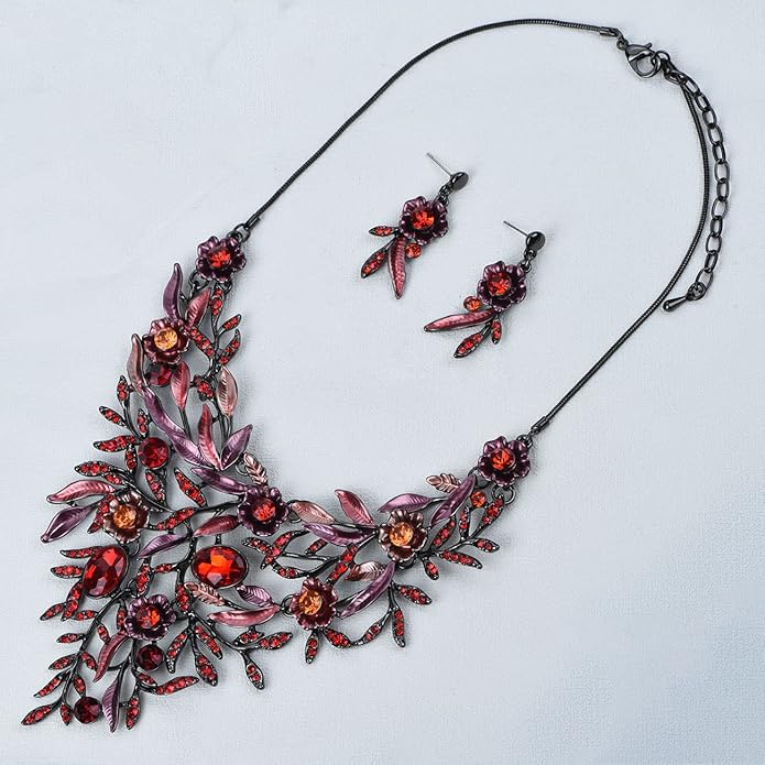 Vintage Women Beautiful Crystal Flower Enamel Blossom Flower Collar Bib Statement Necklace and Earrings Set for Women Wedding Bridal Prom
