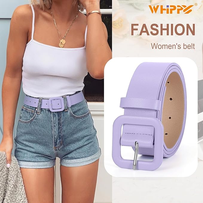 WHIPPY Women Leather Belt Candy Color Fashion Square Buckle Belt Ladies Belt for Jeans Pants Dresses