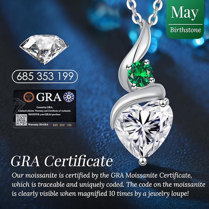 ANDSO Moissanite Heart Pendant Necklaces for Women, 925 Sterling Silver Necklace with Birthstone, Ideal Anniversary Present or Birthday Christmas Valentine Jewelry Gifts for Mom Wife Her Girlfriend