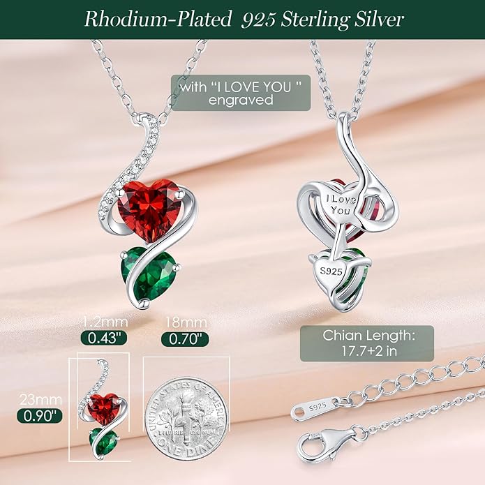 LOUISA SECRET Unique Double Heart Necklace Gifts for Wife Women, 925 Sterling Silver Tiny Birthstone Pendant Jewelry Gift for Her Girlfriend Mom Valentine's Day Anniversary Mother's Day Birthdays & Christmas