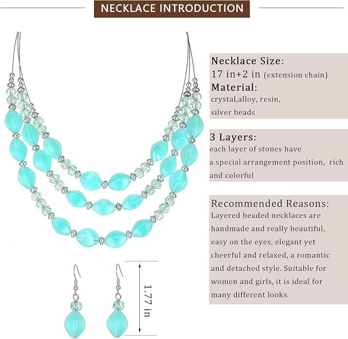 3 Layered Chunky Statement Necklace for Women Beaded Strand Necklaces with Earring Fashion Costumes Collar Necklace Jewelry Sets Gifts for Women