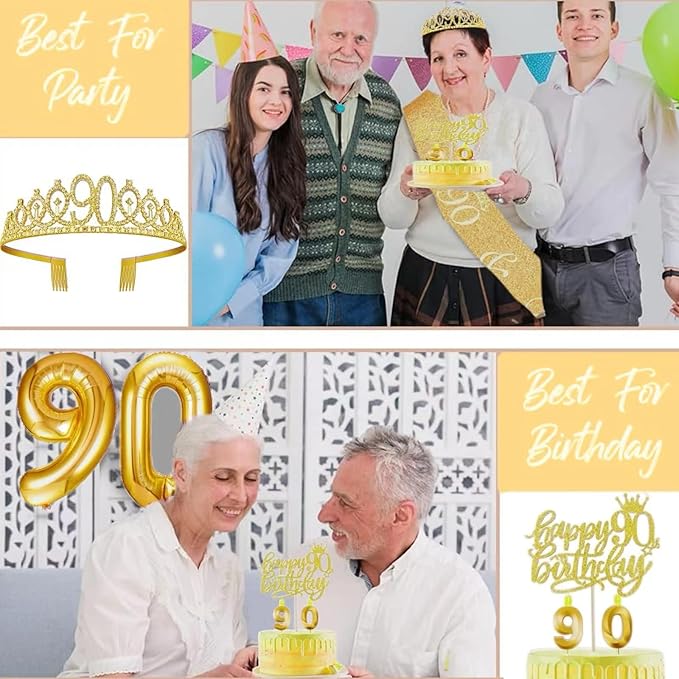 90th Birthday Decorations for Her Girls Set, Include 90th Birthday Crown and 90 Sash, 90th Birthday Cake Topper and 90 Birthday Candles, Gold 90 Balloons, Women 90th Party Supplies(Gold)