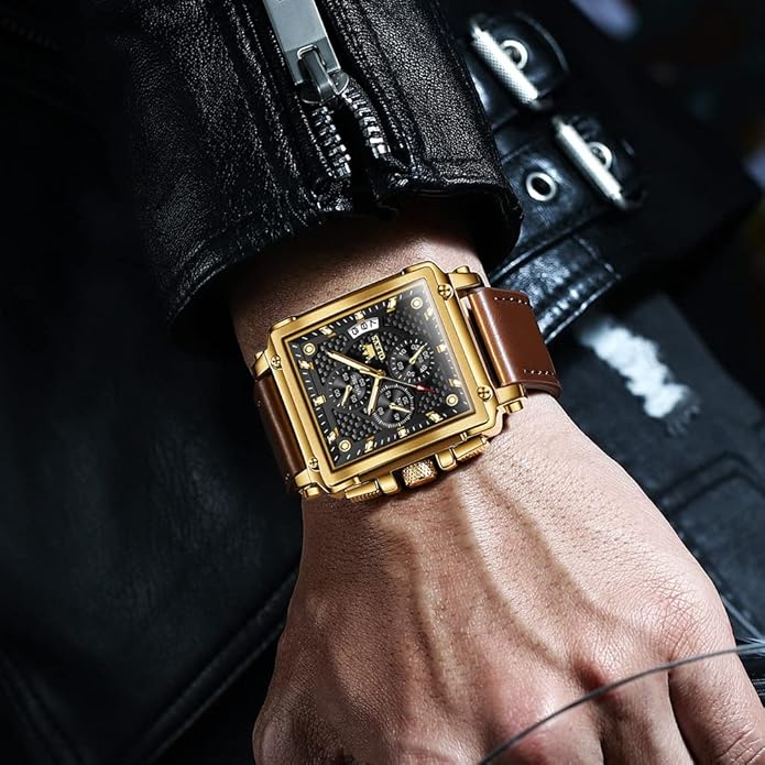 OLEVS Men's Casual Leather Watch, Big Face Chronograph Watch for Men, Fashion Easy to Read Dress Watch, Men's Waterproof Luminous Date Analog Watch, Gold/Black/White/Blue Dial