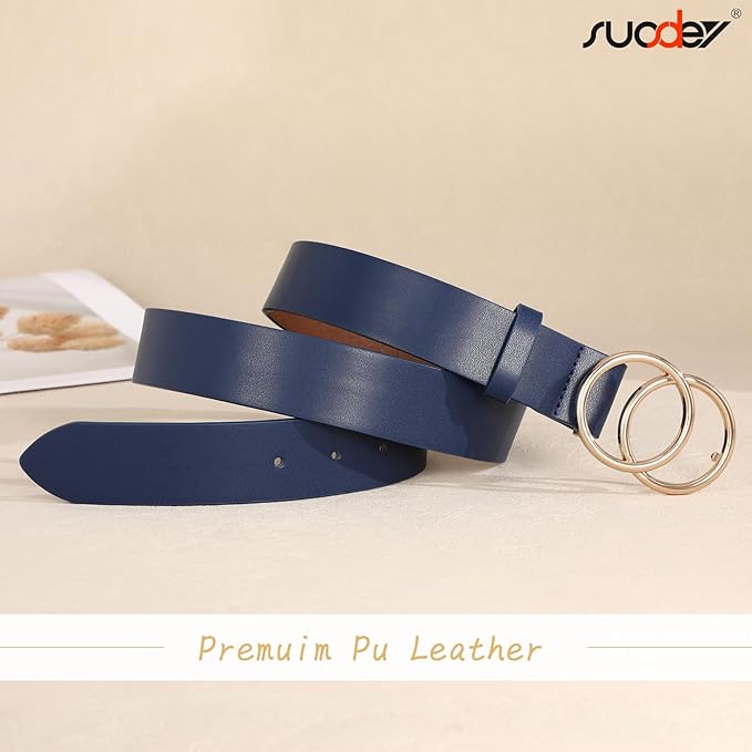SUOSDEY Women Leather Belt Fashion Double O-Ring Soft Faux Leather Waist Belts For Jeans Dress