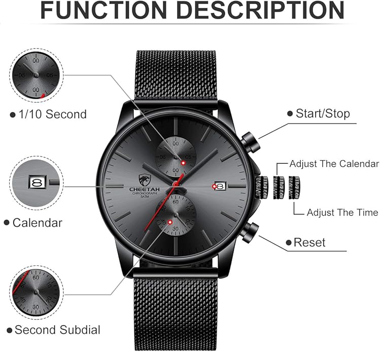 GOLDEN HOUR Mens Watch Fashion Sleek Minimalist Quartz Analog Mesh Stainless Steel Waterproof Chronograph Watches for Men with Auto Date