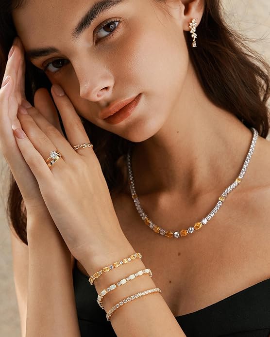 FANCIME Sterling Silver Tennis Necklace 4mm 18 inch Birthstone Necklace with 6 * 8mm Oval Gemstone Luxury Fine Birthday Jewelry Gifts for Women