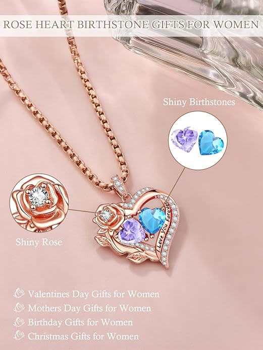 Rose Heart Necklaces for Women, Rose Gold Forever Love Jewelry with 2 Birthstones Pendant, Christmas Anniversarry Birthday Gifts for Her Wife Mom Grandma, 18+2 Inch Chain