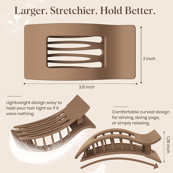 Oeusnae 4 PCS Flat Hair Clips for Women Girls, French Concord Lay Down Claw Clips for Thick Thin Hair, Comfortable Curved Large Flat Clips, Matte Non-slip Strong Hold Hair Accessories, Brown