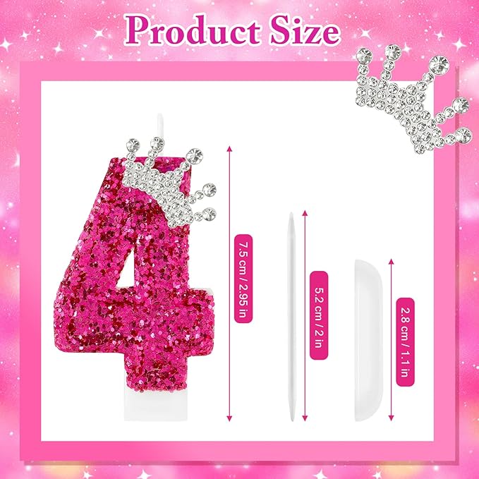Hot Pink Birthday Candles Crown Number 4 Candle Birthday Party Decorations Cake Topper Cupcake Decor for Anniversary Celebrations Supplies