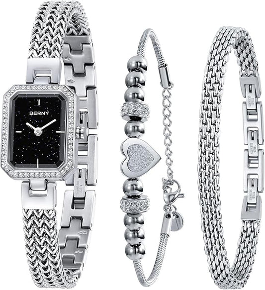 BERNY Silver Watches for Women Ladies Wrist Watch and Bracelet Set Dainty Quartz Bracelet Watch Premium Crystal Accented Fashion Luxury Birthday Present for Women