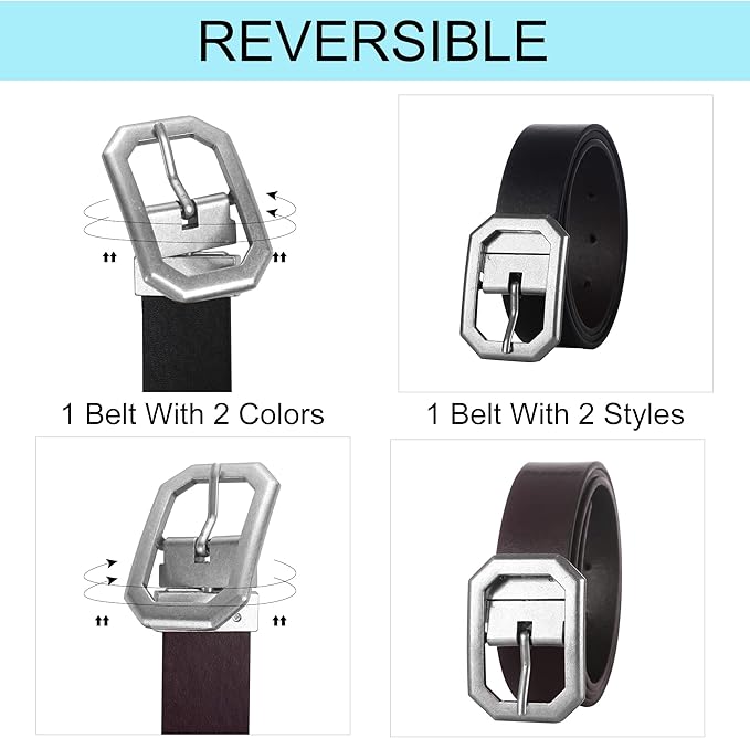 Reversible 1.3" Leather Belt for Women - Vintage Silver Buckle Fashion Belt for Jeans and Dresses