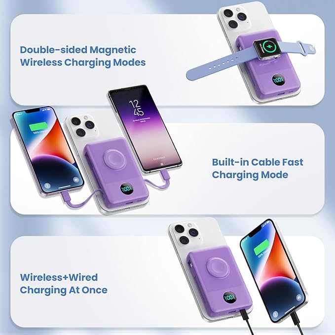 Magnetic Portable Charger for iPhone with Built-in Cables,6-in-1 10800mAh Power Bank with iWatch Charger & LCD Display,25W Fast Charging Battery Pack for iPhone 17/16/15/14/13/12,Apple Watch (Purple)