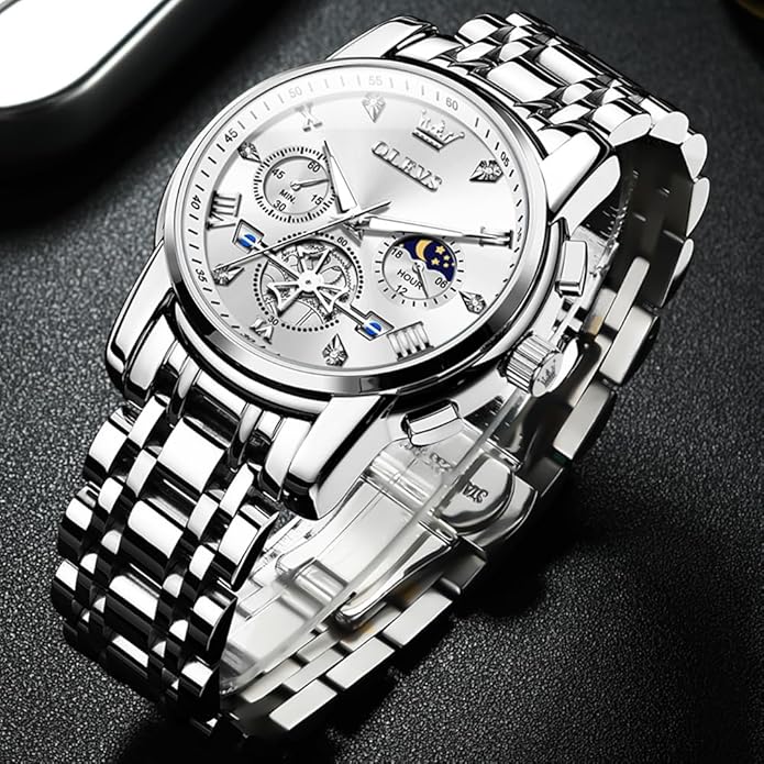 OLEVS Men Silver Watches,Men's Stainless Steel Chronograph Watch,Man Analog Quartz Big Face Male Watches Luxury Waterproof Roman Numeral Dress Diamond Relojes para Hombre