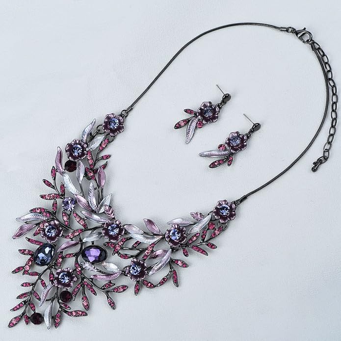 Vintage Women Beautiful Crystal Flower Enamel Blossom Flower Collar Bib Statement Necklace and Earrings Set for Women Wedding Bridal Prom