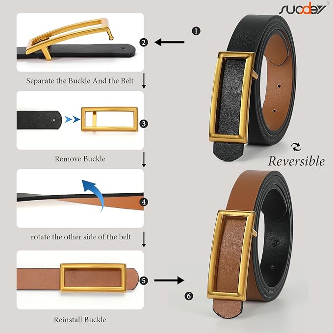 SUOSDEY Women Reversible Leather Belts for Jeans Pants Dresses Ladies Fashion Belts with Gold Buckle, 0.9" Width