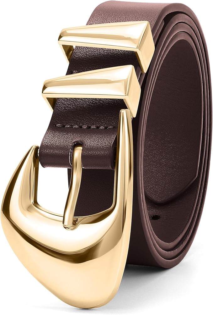 XZQTIVE Women's Leather Belts for Jeans Dress Pants Black Brown Belts for Women Ladies Waist Belts with Gold Buckle