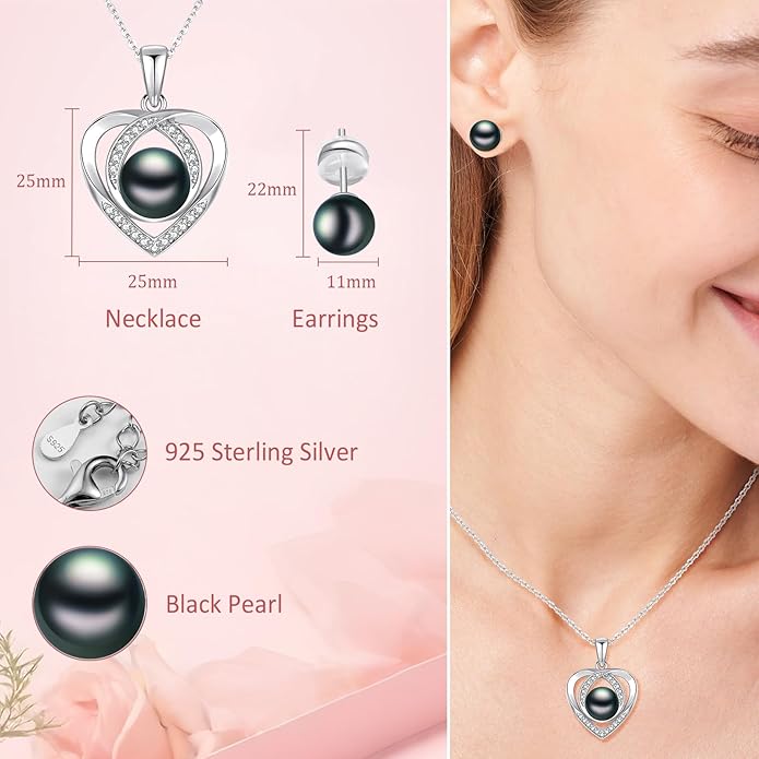 Pearl Necklace and Earring Set for Women, Gold Plated/925 Sterling Silver Heart Jewelry Set-Black Pearl Cubic Zirconia Gifts for Women Wife Mom-Wedding Anniversary Mothers Day Gifts