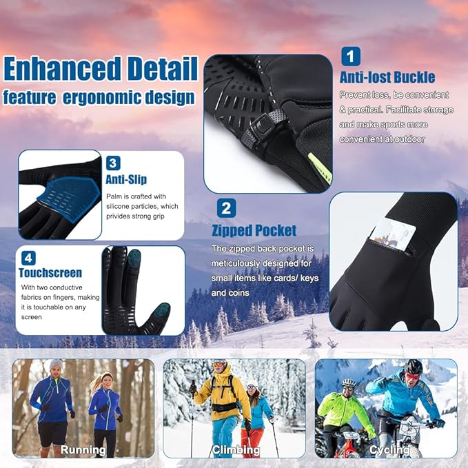 Winter Gloves for Men Women - Waterproof Glove Cold Weather Thermal Sport Gloves, Warm Gloves Touchscreen Glove for Running Cycling Driving Hiking, Windproof Work Gloves Work