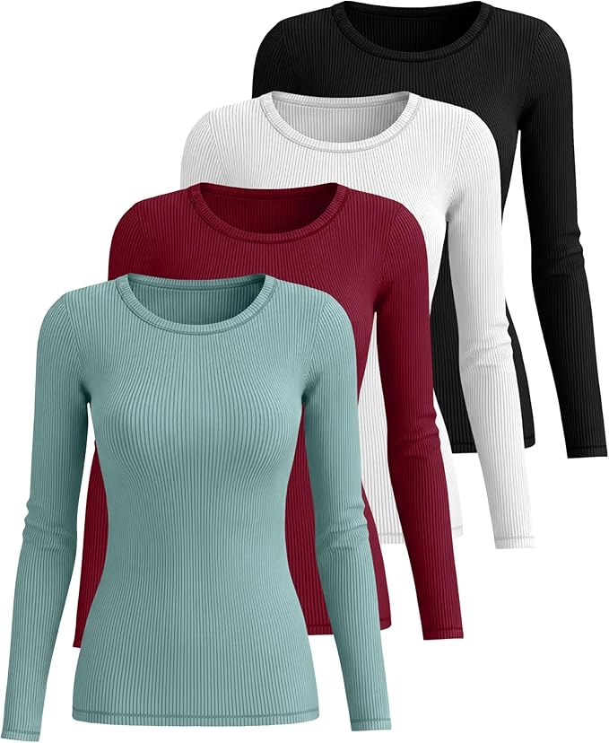 Neer 4 Pack Women's Ribbed Long Sleeve Shirts, Cotton Crew Neck Slim Fit Tops Stretch Knit Casual Base Layer Basic Tee Shirts