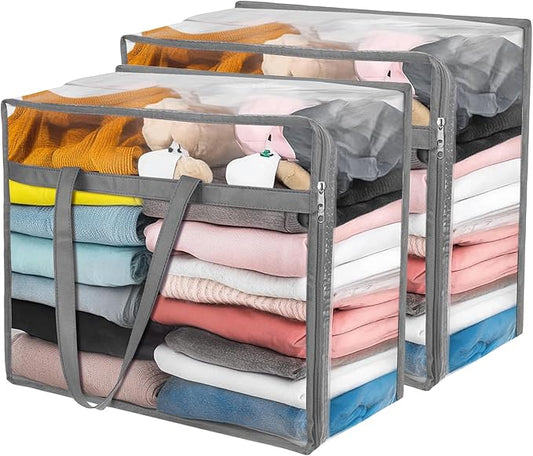 Budding Joy Clear Zippered Storage Bags for Clothes,40L Closet Organizers and Storage Containers Vinyl Moving Bag for Bedding, Linen, Blankets, Comforters, Clothing & Toys, Grey, 2 Pack