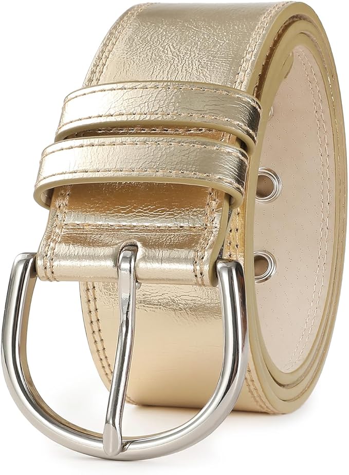 Women Casual Leather Gold Belt for Jeans Pants, Fashion Ladies Girls Gold Faux Leather Waist Belt