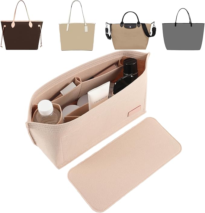 Doxo Purse Organizer Insert for Handbags & Base Shaper 2pc Set,Felt Organizer Insert Large Tote,Bag Organizer with Zipper 5 Sizes,Fit Speedy Neverfull MM/City33 and More(Beige-L-Combination)