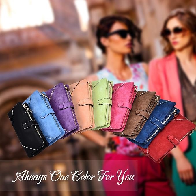 Women's Genuine Leather Bifold Clutch Wallet Large Capacity Card Organizer with Buckle Closure in Candy Colors (Coffee)
