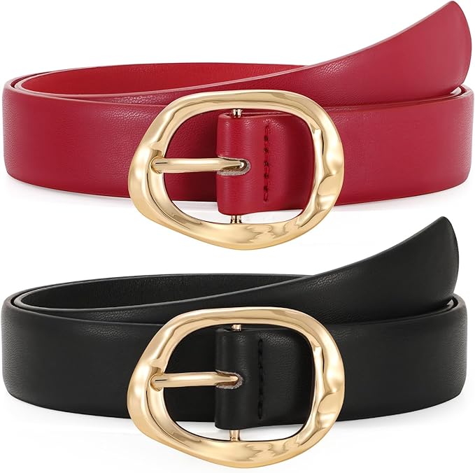 TRIWORKS 2 Pack Leather Belts for Women Fashion Waist Belt with Liquid Shapes Women Belt for Jeans Pants Dresses