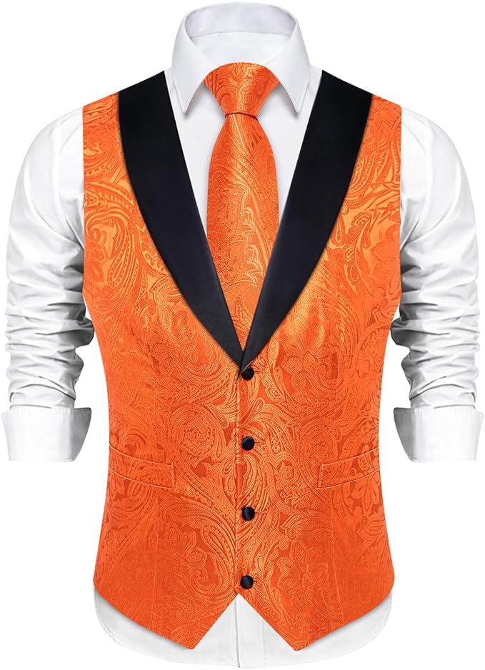 DiBanGu Mens Paisley Suit Vest Silk Jacquard Waistcoat and Necktie Set Formal Shawl Collar Dress Vest 7PCS for Wedding Party
