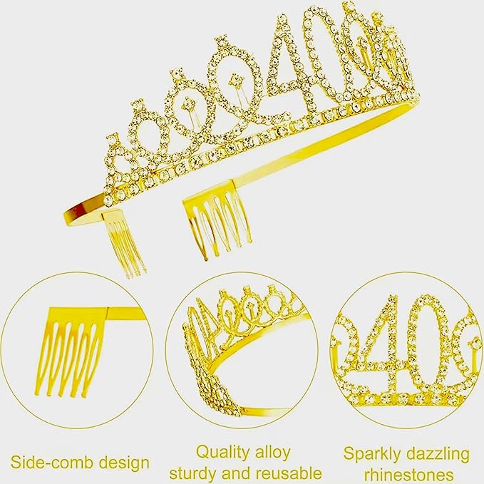 40th Birthday Decorations for Her Girls Set, Include 40th Birthday Crown and 40 Sash, 40th Birthday Cake Topper and 40 Birthday Candles, Gold 40 Balloons, Women 40th Party Supplies(Gold)