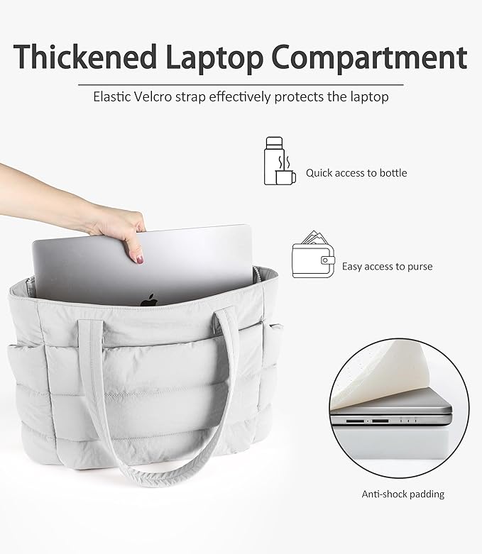 Puffer Tote Bag for Women, Cute Quilted Carryall with Zippered Compartments Shoulder Bag Handbag for Work, Travel, Gym