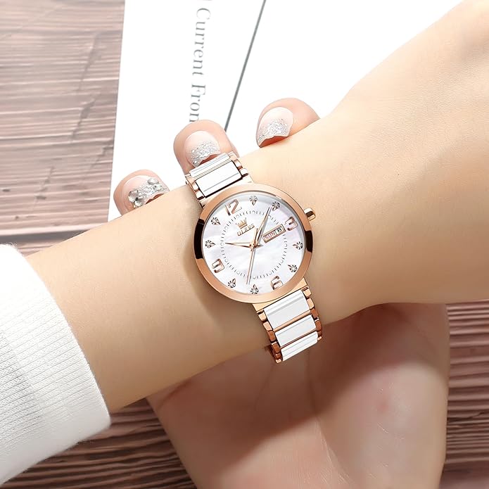 OLEVS Womens Ceramic Watch Luxury Shinning Diamond Rose Gold Watch for Women Analog Quartz Ladies Dress Watches Casual Waterproof Wrist Watches for Woman with Day Date Reloj para Mujer
