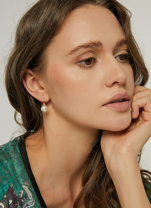 14K Gold/White Gold Plated Minimalist Pearl Hoop Earrings,Huggies Dangle Earrings Jewelry