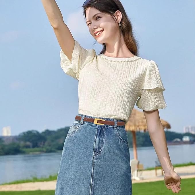 Women's Fashion Classic Metal Buckle Leather Belt with Jeans Dress